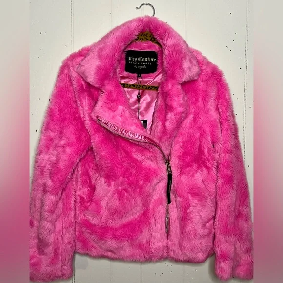 Y2K JUICY COUTURE black label day glo pink Moto faux fur coat SIZE SMALL - Picture 1 of 5